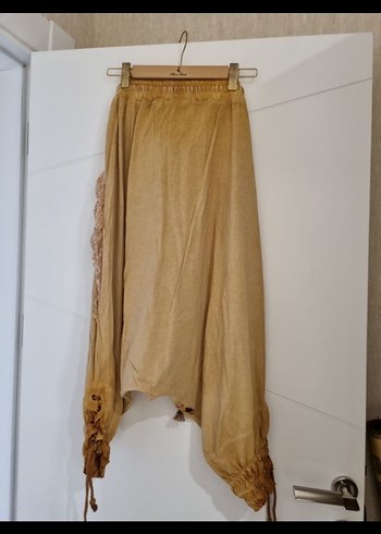 Püsküllü Nakışlı Bej Bohem Kumaş Pantolon - Görsel 4