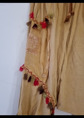Püsküllü Nakışlı Bej Bohem Kumaş Pantolon - Görsel 2