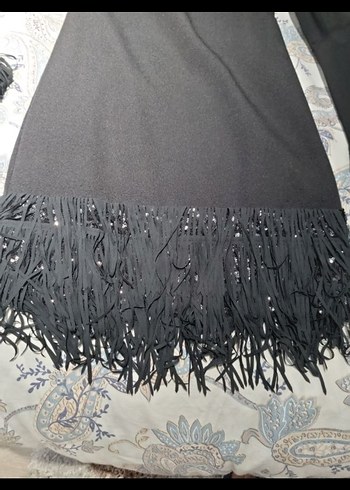 Siyah Mini Püsküllü Uzun Kollu Gece Elbisesi - Görsel 8