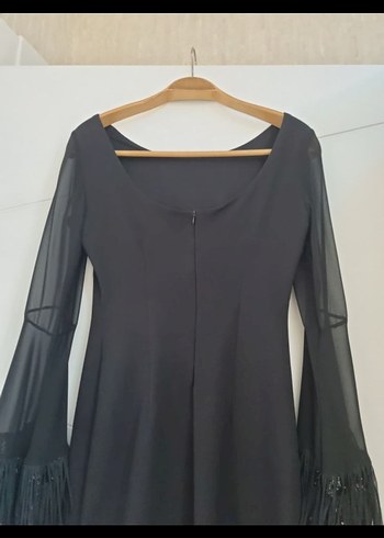 Siyah Mini Püsküllü Uzun Kollu Gece Elbisesi - Görsel 5