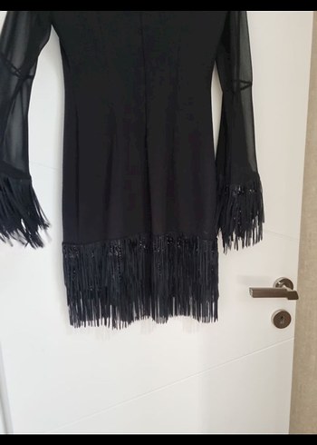 Siyah Mini Püsküllü Uzun Kollu Gece Elbisesi - Görsel 6