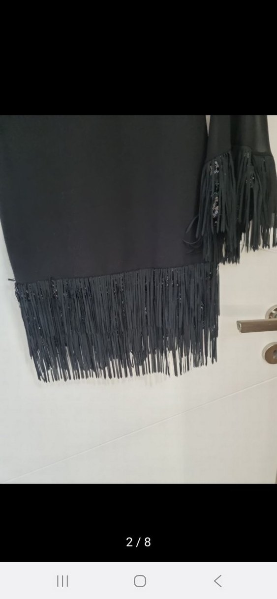 Siyah Mini Püsküllü Uzun Kollu Gece Elbisesi - Görsel 2