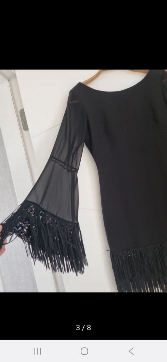 Siyah Mini Püsküllü Uzun Kollu Gece Elbisesi - Görsel 3