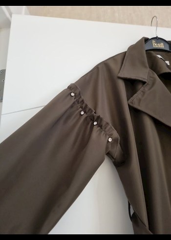 koyu yeşil Kuşaklı Uzun Trençkot - Görsel 3