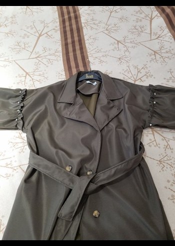 koyu yeşil Kuşaklı Uzun Trençkot - Görsel 4