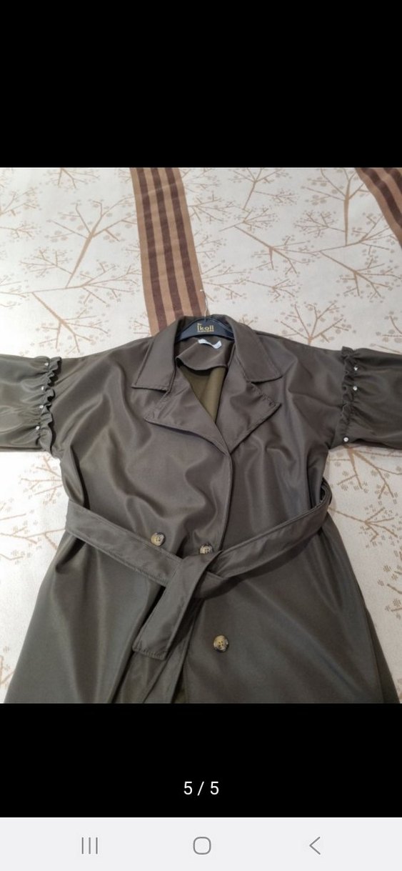 koyu yeşil Kuşaklı Uzun Trençkot - Görsel 4