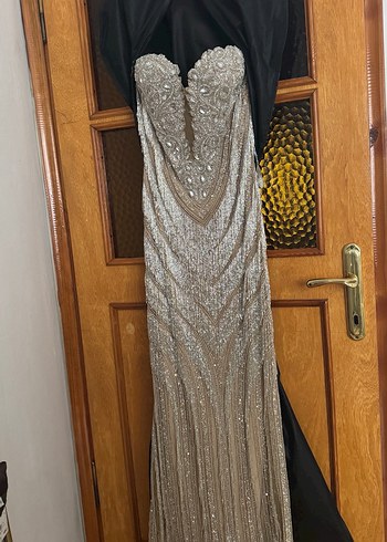 Abiye Nakışlı, Uzun, Straplez Bej Abiye Elbise