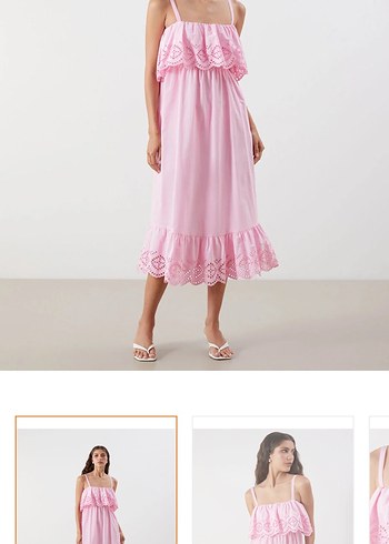 Pembe Nakışlı Uzun Askılı Elbise