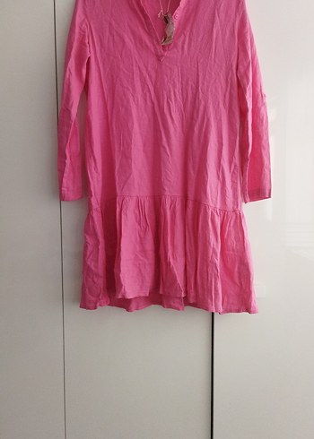 Pembe V Yaka Uzun Kollu Midi Keten Elbise