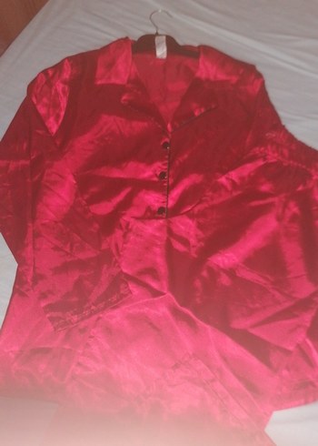 Parlak Kırmızı Vintage Uzun Kollu Pijama Takımı saten