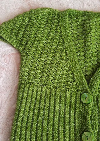 Yeşil V Yaka Kısa Kollu Triko Hırka - Görsel 3