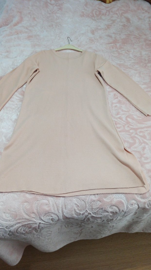 Bej Uzun Kollu Salaş Triko Elbise - Görsel 2