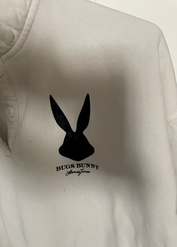 Mavi Düğmeli Yaka Baskılı Kadın Sweatshirt