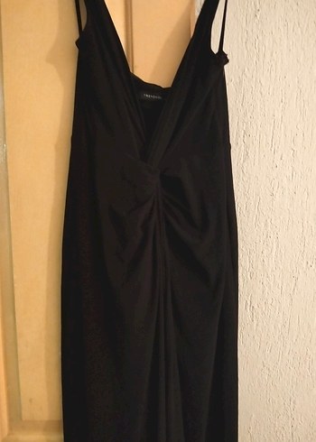 Siyah V Yakalı Uzun Drapeli Elbise - Görsel 3