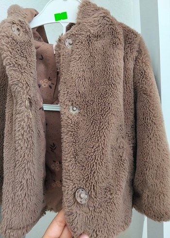 Kız Çocuk Kapüşonlu Kahverengi Peluş Mont - Görsel 5
