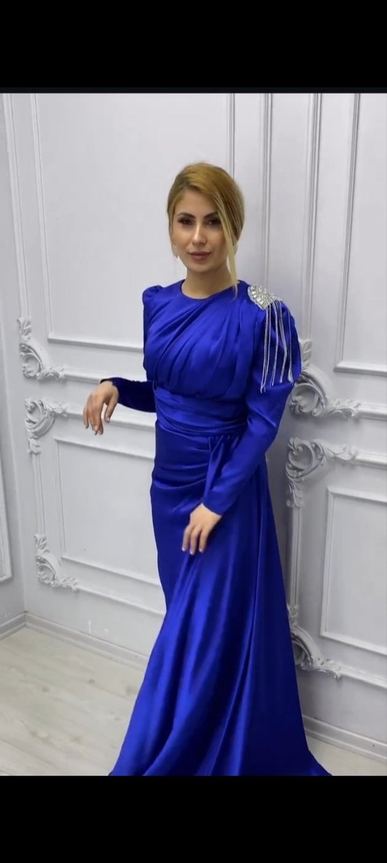 Parlak Mavi Uzun Kollu Drapeli Abiye Elbise - Görsel 2
