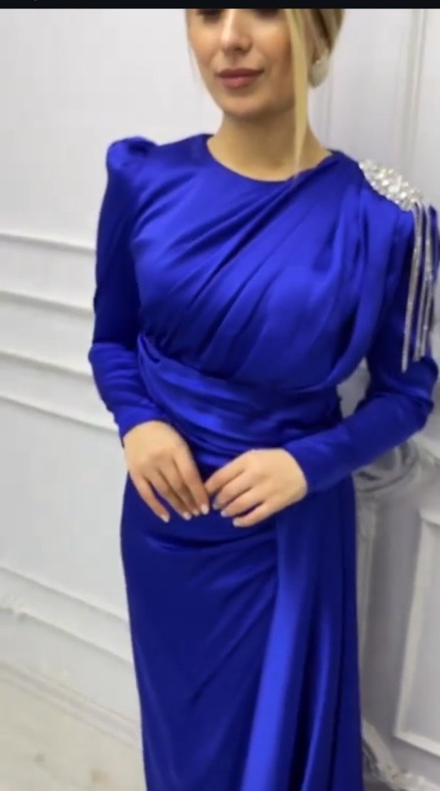 Parlak Mavi Uzun Kollu Drapeli Abiye Elbise - Görsel 3