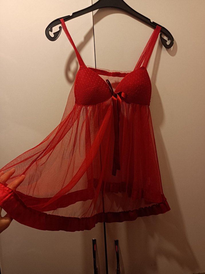 Kırmızı İp Askılı Midi Gecelik - Görsel 2