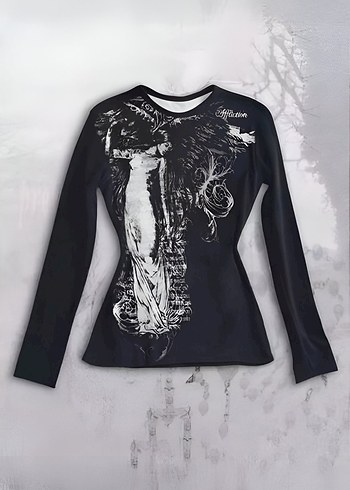 Siyah Uzun Kollu Gotik Baskılı Bluz
