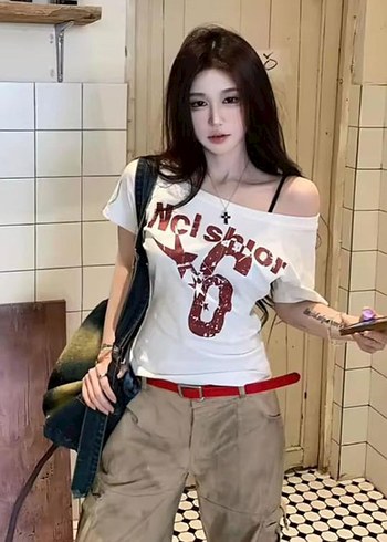 Baskılı Beyaz Kadın Tişörtü,Kısa Kollu