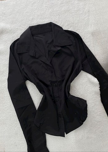 Siyah V Yakalı Düğmeli Kadın Gömlek - Görsel 2