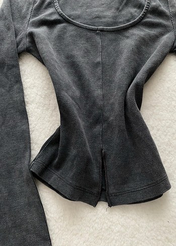 Gri Uzun Kollu, Dar Kesim Keten Bluz - Görsel 2