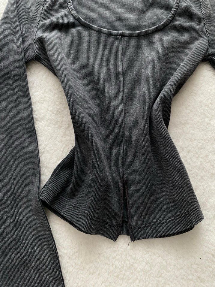 Gri Uzun Kollu, Dar Kesim Keten Bluz - Görsel 2