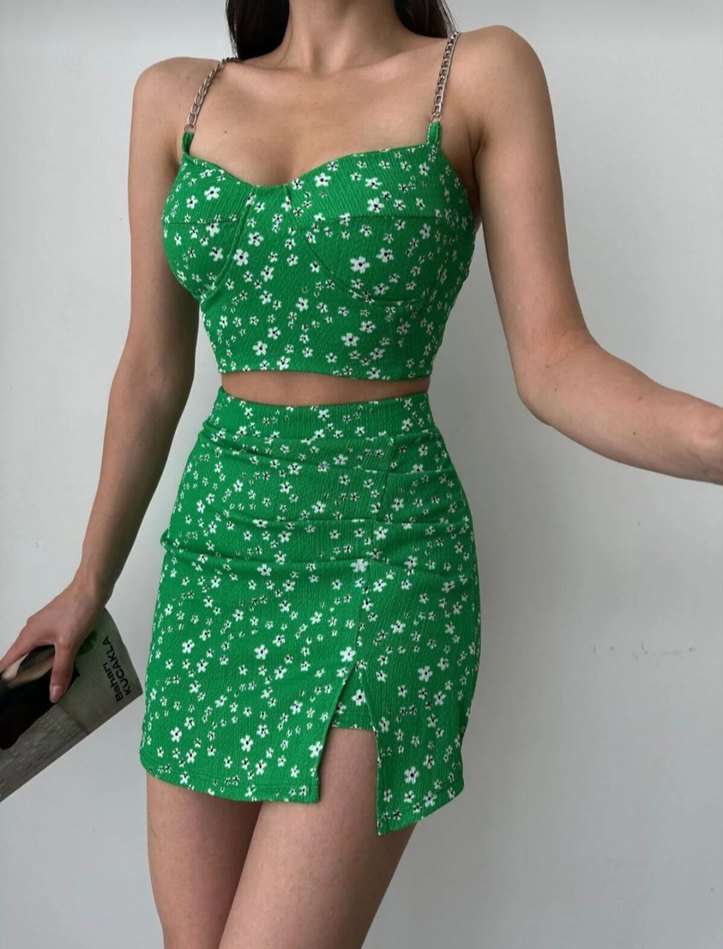 Yeşil Çiçekli Şort etek Takımı - Görsel 3