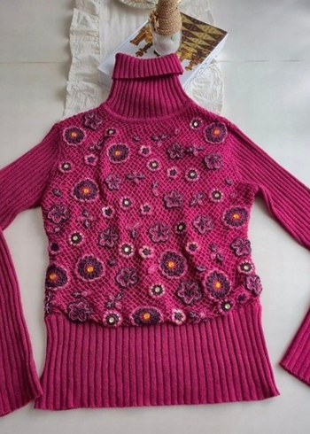 H&M Bordo Nakışlı Bohem Balıkçı Yaka Kazak