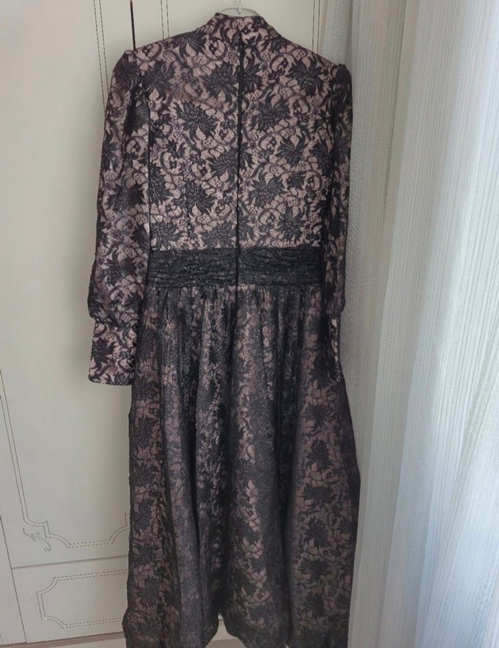 Dantel Detaylı Vintage Uzun Kollu abiye - Görsel 2