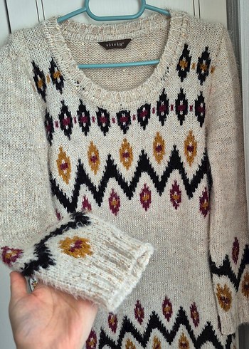 Bohem Desenli Gri Kadın Triko Kazak - Görsel 2