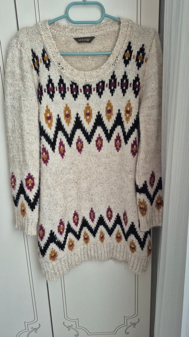 Bohem Desenli Gri Kadın Triko Kazak - Görsel 3