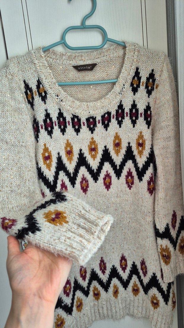 Bohem Desenli Gri Kadın Triko Kazak - Görsel 2