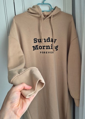 Bej Kadın Kapüşonlu Günlük Uzun Sweatshirt - Görsel 2