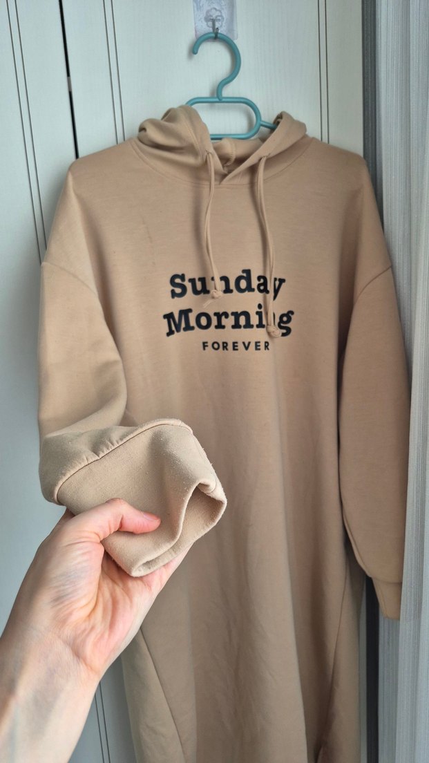 Bej Kadın Kapüşonlu Günlük Uzun Sweatshirt - Görsel 2