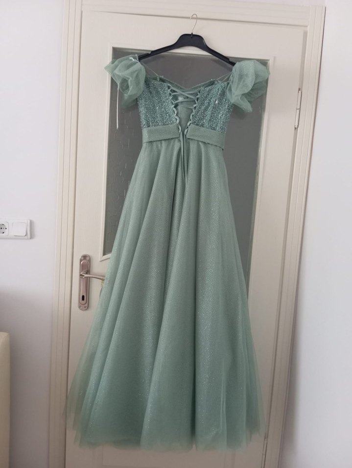 Turkuaz Uzun Drapeli Straplez Nişan Elbisesi - Görsel 2