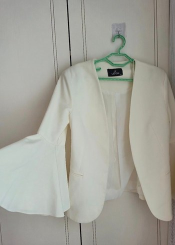 Kadın Beyaz Düğmeli Midi Blazer Ceket - Görsel 2