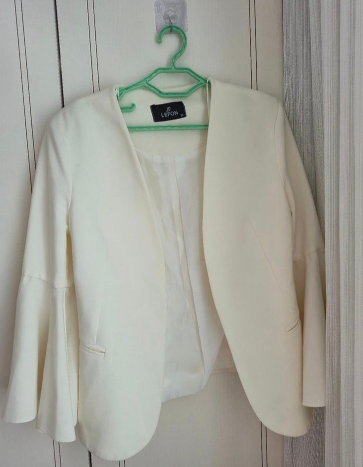 Kadın Beyaz Düğmeli Midi Blazer Ceket - Görsel 5