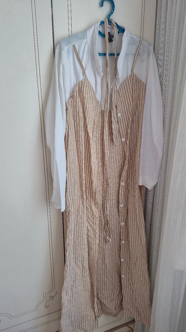 Bej Çizgili Elbise - Görsel 2