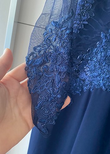 Lacivert Nakışlı Uzun Kollu Abiye Elbise - Görsel 4
