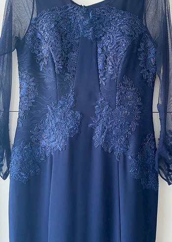 Lacivert Nakışlı Uzun Kollu Abiye Elbise - Görsel 3