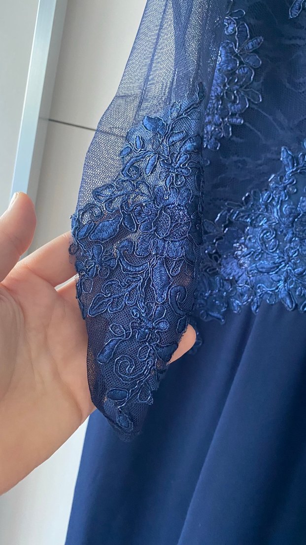 Lacivert Nakışlı Uzun Kollu Abiye Elbise - Görsel 4