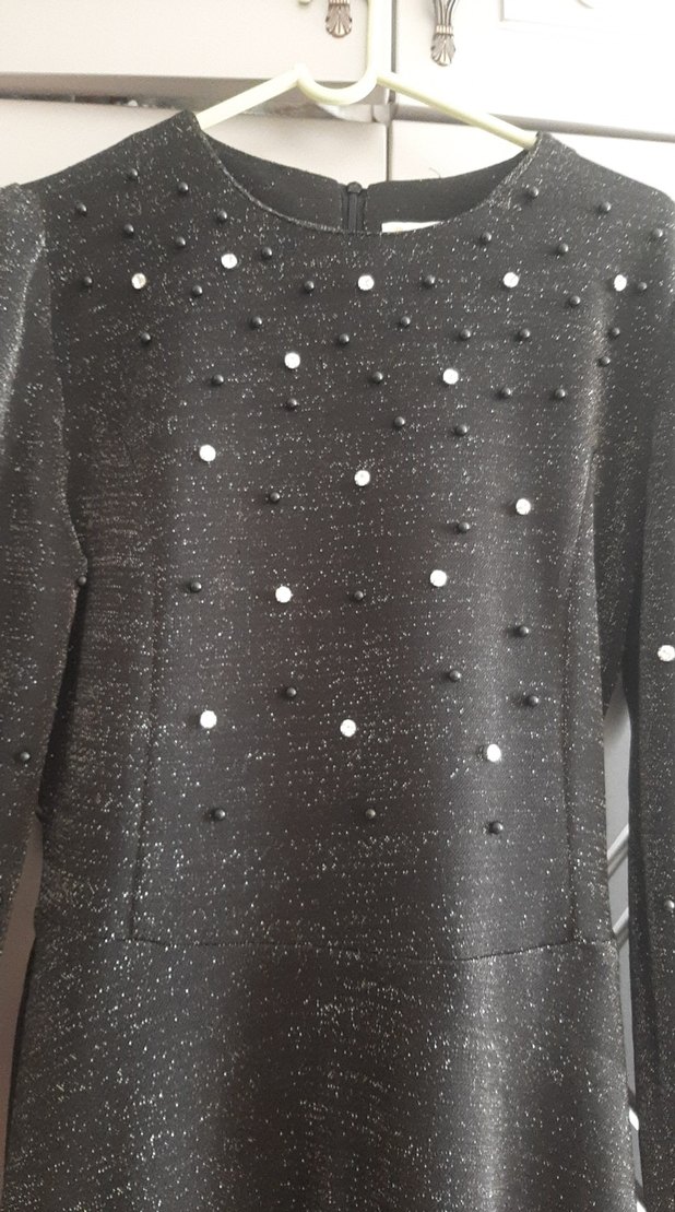 Boncuk İşlemeli Siyah Uzun Kollu Uzun Abiye Elbise - Görsel 2