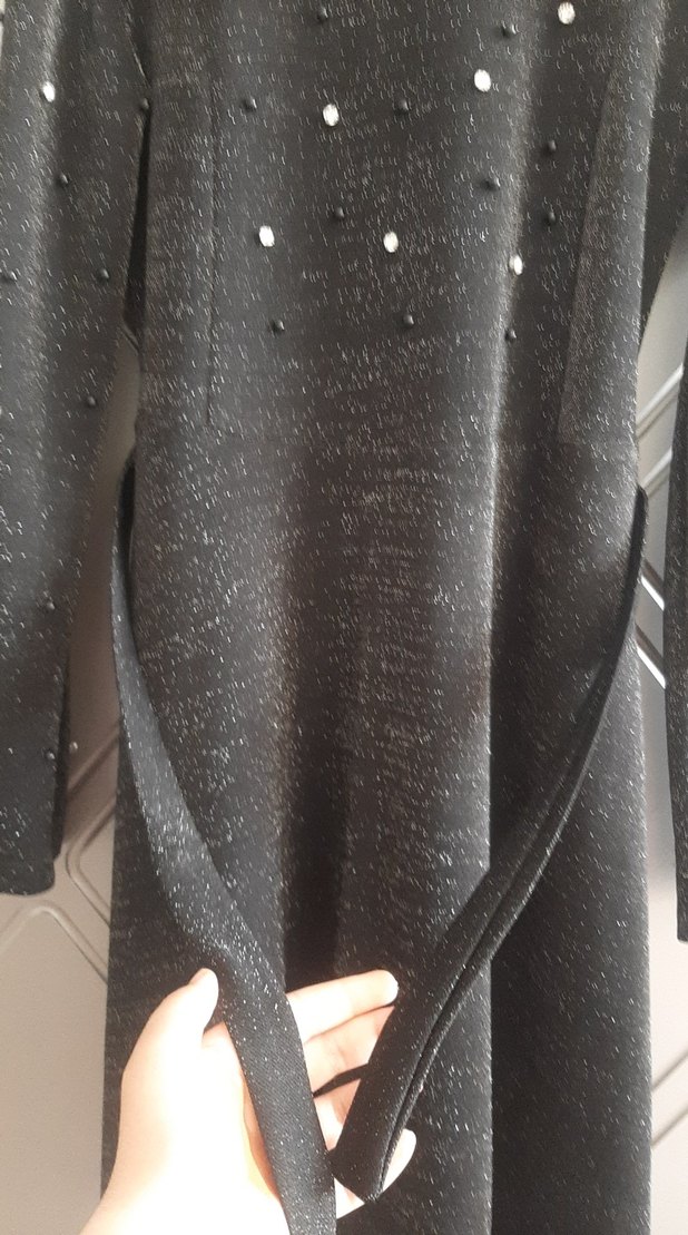 Boncuk İşlemeli Siyah Uzun Kollu Uzun Abiye Elbise - Görsel 3