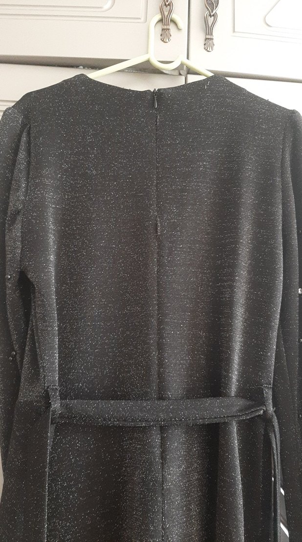 Boncuk İşlemeli Siyah Uzun Kollu Uzun Abiye Elbise - Görsel 5