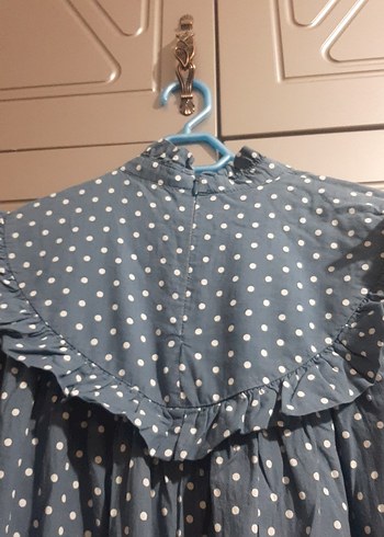 Puantiye Desenli Uzun Kollu Mavi Elbise - Görsel 6