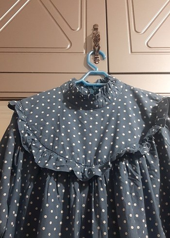 Puantiye Desenli Uzun Kollu Mavi Elbise - Görsel 3