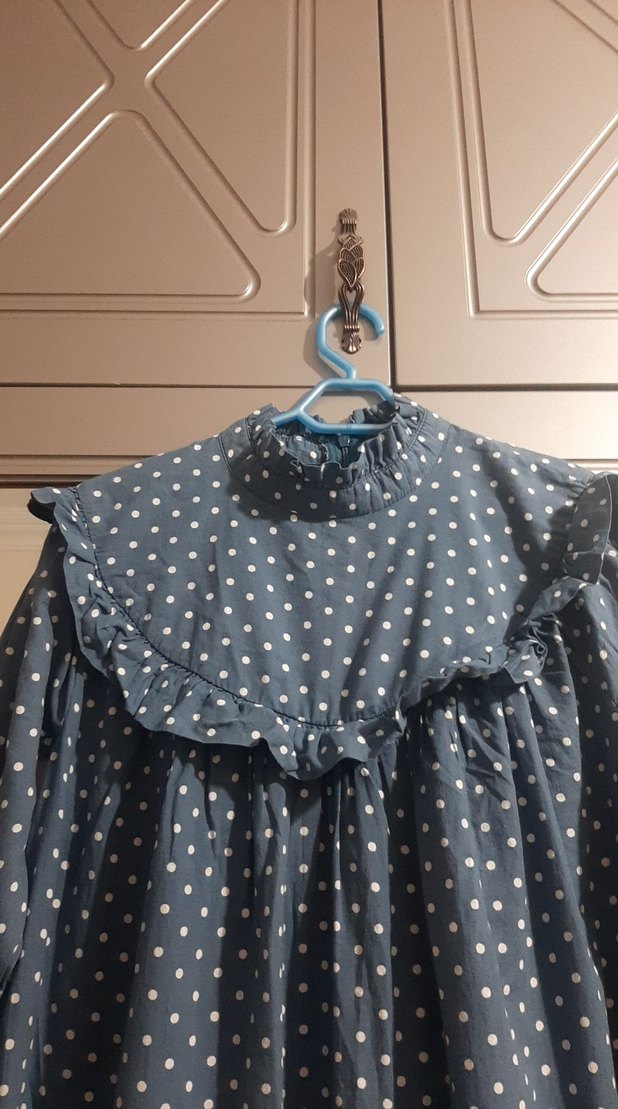 Puantiye Desenli Uzun Kollu Mavi Elbise - Görsel 3