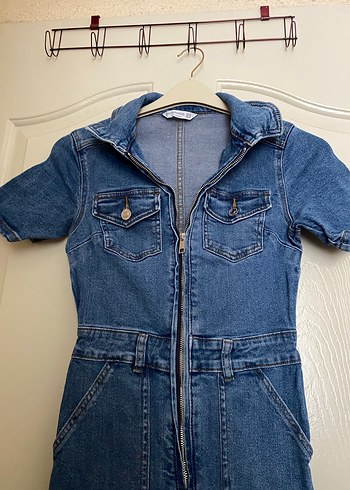 Koyu Mavi Kısa Kollu Denim Tulum - Görsel 4