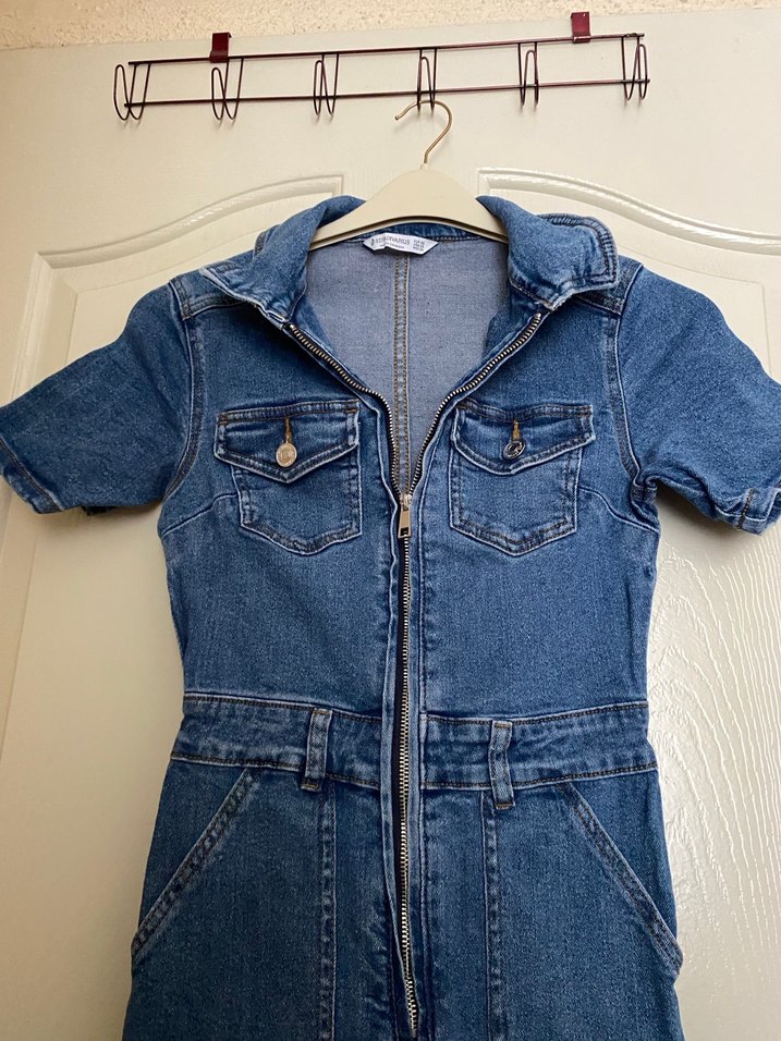 Koyu Mavi Kısa Kollu Denim Tulum - Görsel 4